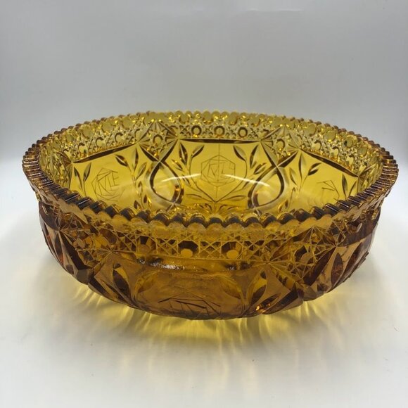 Vintage Amber Yellow Gold Glass Centerpiece Ornate Decorative Bowl Scalloped Rim - Picture 4 of 8